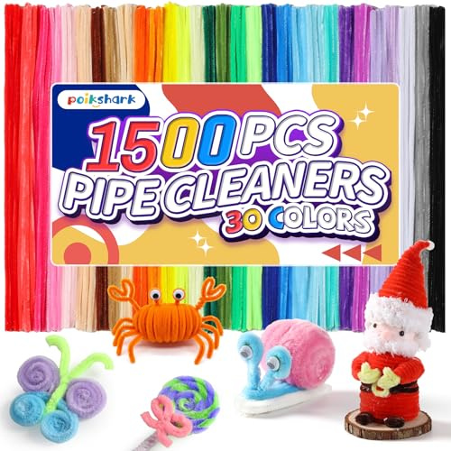 POIKSHARK 1500 PCS 30 Colors Quality Pipe Cleaners Bulk, Thick Pipe Cleaners Craft for DIY Craft Projects, Multicolored Limpia Pipas for Art Supplies & Materials, Rainbow Chenille Stems(12inch*6mm)