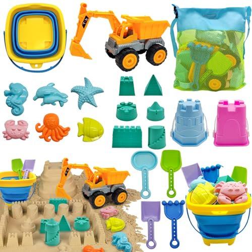 Pgtc Strandspielzeug für Kinder,21 Stück Kleinkind-Strandspielzeug für 1-3-Jährige,Reise-Strandspielzeug-Set für 4-8-Jährige,Zusammenklappbarer Eimer Mesh-Beutel Schaufel Burg Tierform Baukasten