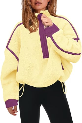 Panadila Womens Half Zip Sherpa Fleece Pullover Soft Oversized Sweatshirt with Pockets Warm Fuzzy Sweater, Cream Yellow, XS