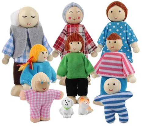 XIMEY Puppenhaus Puppen Puppenfamilie, Figuren Puppenhaus, Biegepuppen, Holzpuppen, Holz Puppenhaus Zubehör (A)