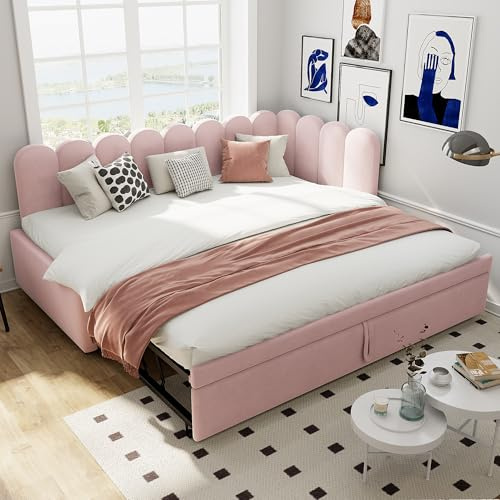 Arhatreya Canapé-lit 90/180 x 200 cm, en forme de L, avec sommier à lattes, lit d'enfant, pour appartement, chambre à coucher, sans matelas, tissu en velours rose