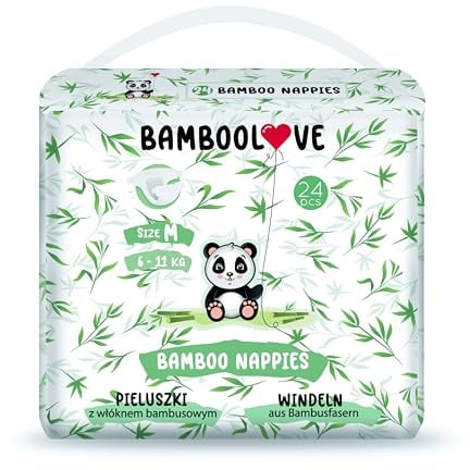 BAMBOOLOVE Bambus-Einwegwindeln - Hypoallergene, ökologische Windeln für Babys - Keine Hautirritationen und Windelausschlag - Weich und bequem nappy - Ohne Chemikalien - Biologisch abbaubar - M - 24