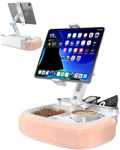 Tablet Pillow Stand for Lap Use, Adjustable iPad Holder with Bowl | 360° Rotating Clip for 4.7-13 Kindle, iPad, Phone/Tablet, Soft Plush Fabric for Hands-Free Relaxation on Bed, Pink