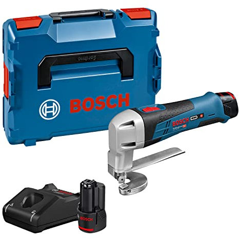 Bosch Professional 12V System Akku Blechschere GSC 12V-13 (inkl. 2x 2.0Ah Akku, Schnellladegerät GAL 12V-40, Innensechskantschlüssel, 1x Ober- und Untermesser für Blechschere, L-BOXX-Einlage, L-BOXX)