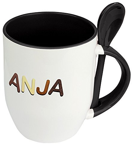 Namenstasse Anja - Löffel-Tasse mit Namens-Motiv Schokoladenbuchstaben - Becher, Kaffeetasse, Kaffeebecher, Mug - Schwarz