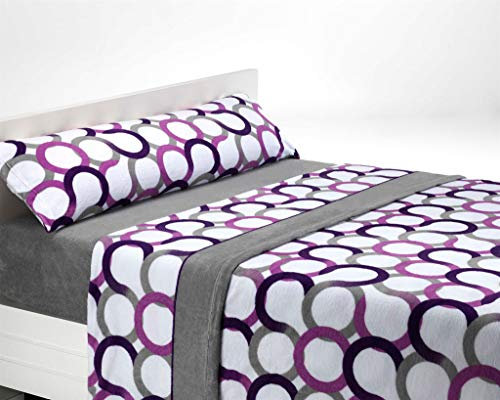 SABANALIA - Juego de sábanas de coralina Aros | 3 Piezas | Funda de Almohada, Bajera Ajustable y sábana encimera | Cama 135 | Color Lila - Gris | (Disponible en Varios tamaños y Colores)