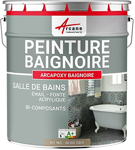 Peinture BAIGNOIRE LAVABO : Résine Salle de Bain pour Baignoire émail, acrylique et fonte 1 kg (jusqu'à 3 m² en 2 couches) - Beige Gris - RAL 1019 - ARCANE INDUSTRIES