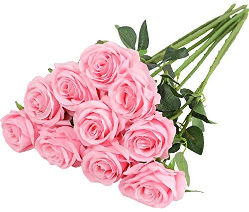 Nubry künstliche Seidenrose Blume einzigen Stiel lebensechte gefälschte Rose für Hochzeit Blumenstrauß Blumenarrangements Home Party Centerpiece Dekoration, 10pcs (Pink)