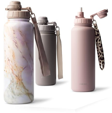 MAMEIDO Thermosflasche mit Strohhalm 700ml, auslaufsichere Trinkflasche Edelstahl isoliert, Wasserflasche mit Trageschlaufe, Isolierflasche BPA-frei (Pearl Marble, 0,7l)