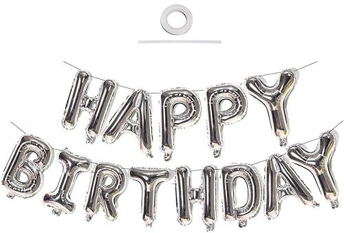 Happium Happy Birthday Balloon Banner - 16 inch Letter Foil Party Decoration Bunting - Include Straw & Ribbon Silver