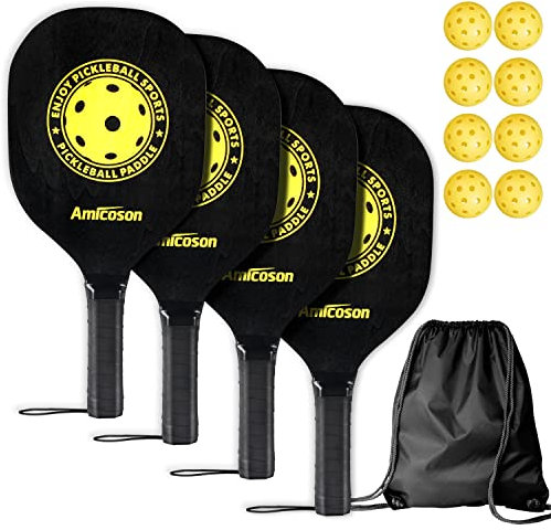 Pickleball Paddelschläger - Amicoson Pickleball Schläger Set mit 4 Paddeln, Indoor & Outdoor Pickleball Paddel Set mit 4 Holz Ergonomisch Kissen Griff, 8 Pickleball Bälle & 1 Tragetasche