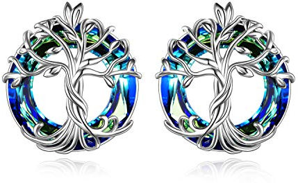 TOUPOP Tree of Life Stud Earring for Women 925 Sterling Silver Family Tree Earring Jewellry with Blue Circle Crystal Earrings Gifts for Women Teen Girls Wife Mom Birthday Mother's Day