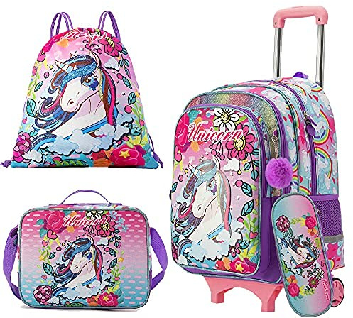 HTgroce Unicorn Schultaschen für Mädchen mitstofftasche mäppchen etc-Kleinkind Kinderrucksack mit Rädern für Kindergarten Mädchen Jungen Kinder Reisen - Süße Geschenke für Mädchen H43xL32xW18