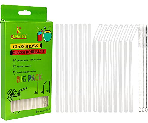 KUNSTIFY - Lot de 16 pailles réutilisables en verre transparant - Passent au lave-vaisselle - brosses de nettoyage incluses (grand pack)
