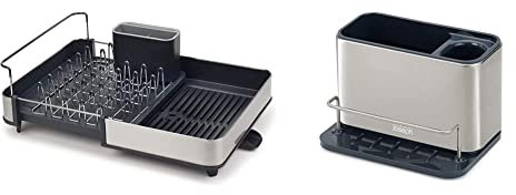 Joseph Joseph Extend Steel Égouttoir à Vaisselle Extensible avec Bec verseur - Gris & Surface - Rangement Evier, Support pour Éponge, Brosse, Liquide Vaisselle - Acier Inoxydable