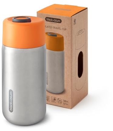 BLACK+BLUM - Travel Cup - 18/8 Stainless Steel Thermal Insulated Travel Coffee Cup with Leak Proof, Lockable Lid - Keeps Hot for 4 hrs, Cold for 8 hrs, Orange - 340ml