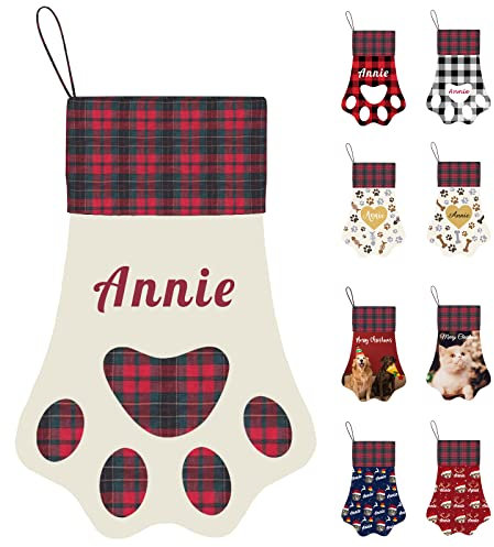 Personalisierte Weihnachtsstrümpfe für Hunde, Katzen, Haustier, Hund, Katze, Name, Foto, Süßigkeiten, Strumpfbeutel, große Pfotenform, handgefertigte Weihnachtsstrümpfe zum Aufhängen (17 Zoll)