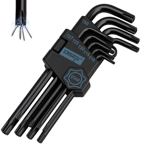 DISEN 9 Pieces Torx Star Allen Wrench Set, Long Arm Star Key Set T10-T50, Chrome Vanadium Steel