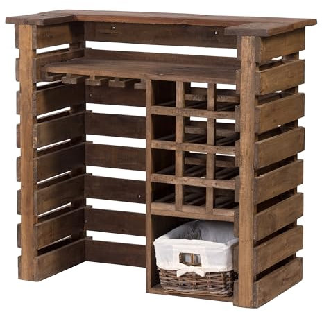 DESIGN DELIGHTS Rustikaler BARSCHRANK Java II | 105x100 cm (BxH), Massivholz, mit Rattan Korb | Holz Bartheke, Minibar, Bartresen, Verkaufstresen, Weintheke, Kassentresen, Empfangstheke, Hausbar