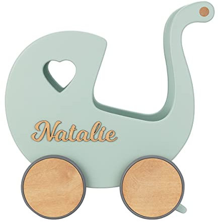 Puppenwagen ab 1 Jahr - Individuell mit Namen - Handgefertigter Puppenwagen - Holzpuppenwagen - Sicher Abgerundete Kanten - Ausdrucksstarke und Schöne Farben (Minze)