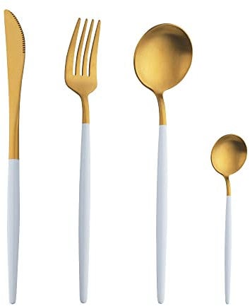 TUPMFG 16 Pieces White Handle Cutlery Sets, Matte Flatware Set Service for 4, Stainless Steel Silverware Set with Knives Forks Spoons, Dishwasher Safe