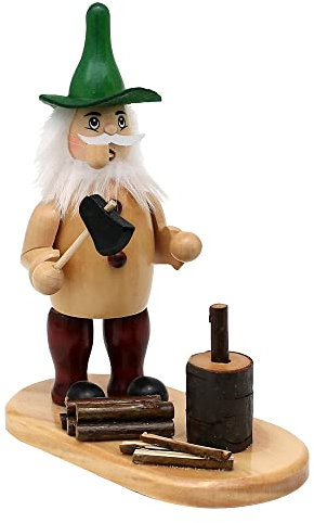 Wichtelstube-Kollektion Holz Räuchermännchen Waldwichtel am Hackstock natürlich traditionel uriger Räucherwichtel 16,5 x 9 x 19 cm Premium Räuchermann