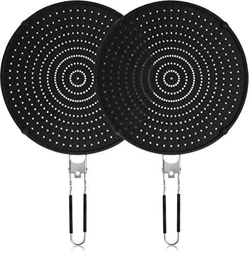 Frcctre 2 Pack Silicone Splatter Screen for Frying Pan, 13 Versatile Grease Splatter Guard with Foldable Handle, Food Grade Heat Resistant Oil Splash Guard, Cooling Mat, Drain Board for Cooking