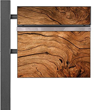 banjado® Standbriefkasten Anthrazit mit Motiv Trockenes Holz & Zeitungsfach/Briefkasten mit Standfuß in Anthrazit/Postkasten A4 Einwurf inkl. Montagematerial & 2 Schlüsseln