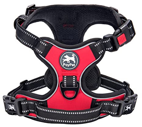 PoyPet No Pull Dog Harness with Neck Release Buckle, Reflective No-Choke Harness with 2 Leash Clip, Adjustable Soft Padded Pet Vest with Easy Control Handle for Medium Dogs (Red,M)