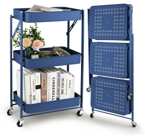 Todeco Rollwagen, faltbar, mobiler Trolley mit 3 Ebenen, Küchenwagen, Keine Montage, 46 x 29 x 78 cm, für Küche, Büro, Badezimmer, Garderobe (blau)
