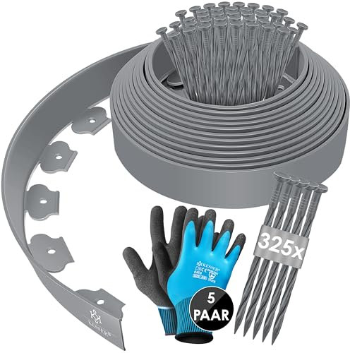 KESSER® Flexible Rasenkante aus Kunststoff Länge 50m Höhe 5cm, mit 325 Erdanker + 5 Paar Handschuhe Beeteinfassung Beetumrandung Beetbegrenzung Mähkante Pflastersteine Palisade - Grau