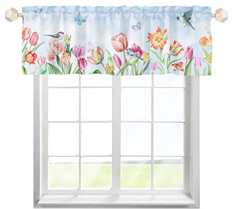 MYSLC Scheibengardinen Bistrogardine Küche Fenster Aquarell Schmetterling Vogel Blumen Fensterbehandlung Vorhänge Schiebevorhänge Kurz Vorhang Küchenvorhang Volant für Fenster 137x45cm,2 Stück