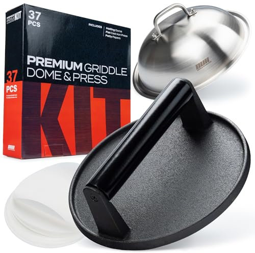 Smash Burger Press Kit - 7'' Round Premium Cast Iron Flat Bottom Press with 35 Pcs Patty Paper,12 Inch Heavy Duty Round Basting Cover Melting Dome. Perfect for Hamburger, Bacon, Meat, Sandwich