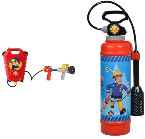 Simba 109252293 - Feuerwehrmann Sam Feuerwehr Tankrucksack & 109252398 - Feuerwehrmann Sam Feuerlöscher Pro, mit Druckluftmechanismus, Tankvolumen: 900ml, 31cm, für Kinder ab 3 Jahren