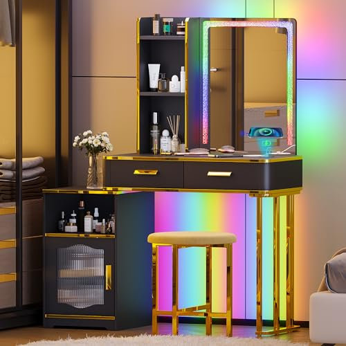 Lvifur RGB Schminktisch mit Kabelloses Laden,Siebenfarbig dimmbar Schminktische mit Ablagefächern und Samthocker,Schminktischset mit USB Type-C Anschluss Geeignet für Wohnzimmer Schlafzimmer