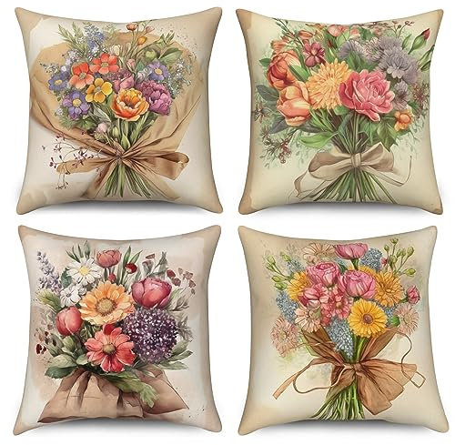 ASDCXZ Kissenbezug Retro Blumen 50x50 cm 4er Set, Vintage Blume Blätter Sofa Kissen Dekokissen Kissenbezüge Kissenhülle Waschbar Polyester Flachs Textil Outdoor Polster Kopfkissenbezug Kissen Bezug