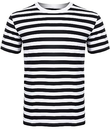 Mens Womens Tshirts Ladies Striped Short Half Sleeves Cotton Top Round Neck Kids Casual Crewneck Summer Wears (Black/White Large)