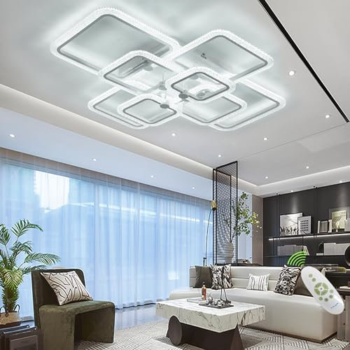 HIHIHOMY Lámpara De Techo Moderna De 41,3 Pulgadas, Luces De Techo Led Modernas De Cristal Para Sala De Estar, Lámpara De Techo, Marco De Cristal Blanco De 8 Cuadrados, Lámparas De Techo Modernas