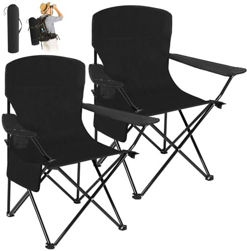 Purpeak Faltbarer Campingstuhl mit Tragetasche, tragbare Rasenstühle, leichte Strandstühle, Outdoor-Klappstuhl mit Netz-Getränkehalter für Reisen (schwarz, 90 x 60 x 95 cm)