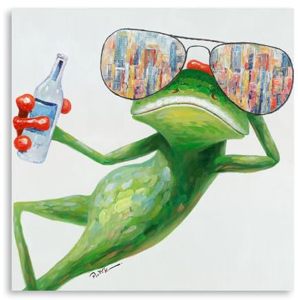 XMMPOT Frosch-Dekor, Happy Frog Poster: Lustiges Retro-Wandkunst, Hippie-Frosch für niedliche Mädchen und Jungen, Schlafzimmer, Badezimmer, Wanddekoration, gerahmt, fertig zum Aufhängen, 50,8 x 50,8