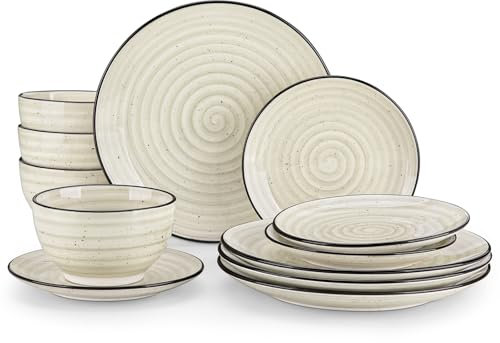 vancasso Juego de Vajilla de 12 Piezas, Servicio para 4 Personas con Platos Llanos, Platos de Postre y Cuencos, Juego de Platos con Patrón de Espirales, Beige, Serie BONBON