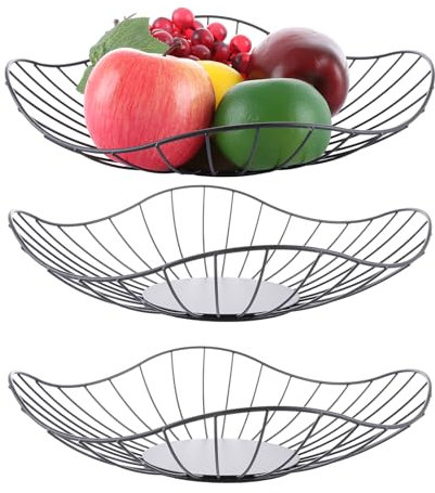 ZOFUN 3 Pcs Wire Fruit Bowls, 29.5 x 6.7 cm, Rustproof Metal Large Fruits Baskets for Countertop, Black
