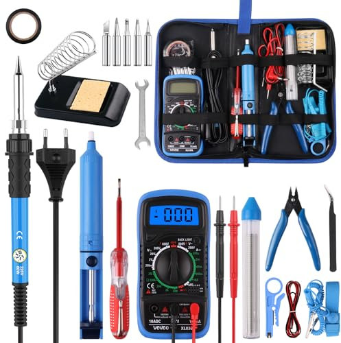 Saldatore a Stagno Kit 60W Temperatura Regolabile 200-450℃ Stagnatore Elettrico 24 in1 con 5 Punte di Saldatura, Multimetro Digitale,Filo per Saldatura,Pompa Dissaldante,Portatile