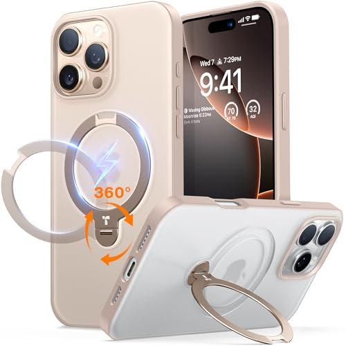 TORRAS Ostand Q3 Spin für iPhone 16 Pro Hülle (360° Magnetischer Unsichtbarer Ständer) Zertifizierte Militärschutz, MagSafe Kompatibel, Stoßfest Kratzfeste Matt Rückseite Handyhülle Gold