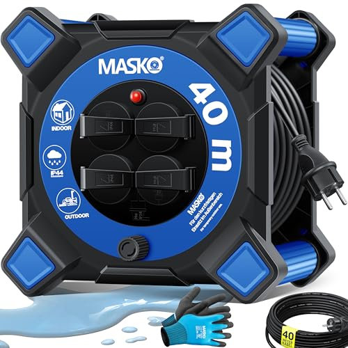MASKO® Kabeltrommel 40m | Verlängerungskabel mit Schutzkontaktsteckdosen & Wickelgriff | Outdoor Kabelaufroller Thermoschutz | Gerätetrommel IP44 1000W ~ 3000W | inkl. Tragegriff und Montagehandschuhe