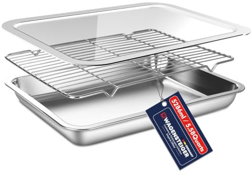 WAGENSTEIGER Juego de recipientes de acero inoxidable para preparación de alimentos con estante y tapa transparente, sartén para bufé, sartén de catering, para descansar carnes y asar al horno,