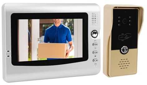 System de Videoportero con Cable, Cámara de Timbre con Monitor de 7 Pulgadas, Intercomunicador de 2 Vías, Soporte de Videoportero con Cable, Visión Nocturna por Infrarrojos, (Oro