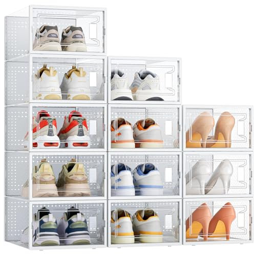 Shoe Box - 12 pcs Shoe Storage Boxes, Clear Plastic Stackable Shoe Organizer, Shoe Rack with doors for Women/Men, Shoes Storage Fit UK 9.5 (32.5 * 23 * 13.5cm-Clear)