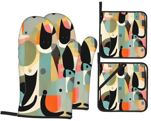 Set di 4 guanti da forno e presine di alta qualità con gatto arte moderna della metà del secolo per la massima sicurezza e praticità in cucina