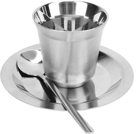 Juego de Tazas de café de 80 Ml, Taza de Capuchino de Acero Inoxidable con Platillo y Cuchara, Kit de Taza de café de Doble Pared para café con Leche, Capuchino, Leche, té